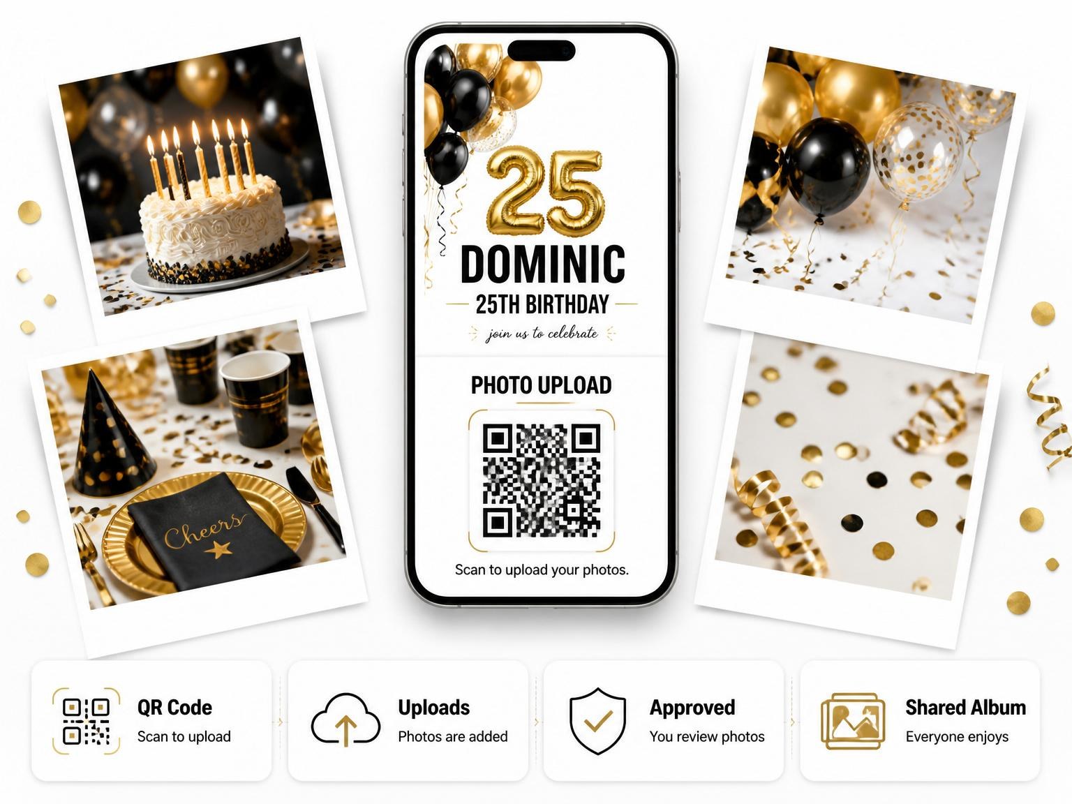 The shared photo gallery that comes with the Metallic Gold Balloon 25th Birthday invitation