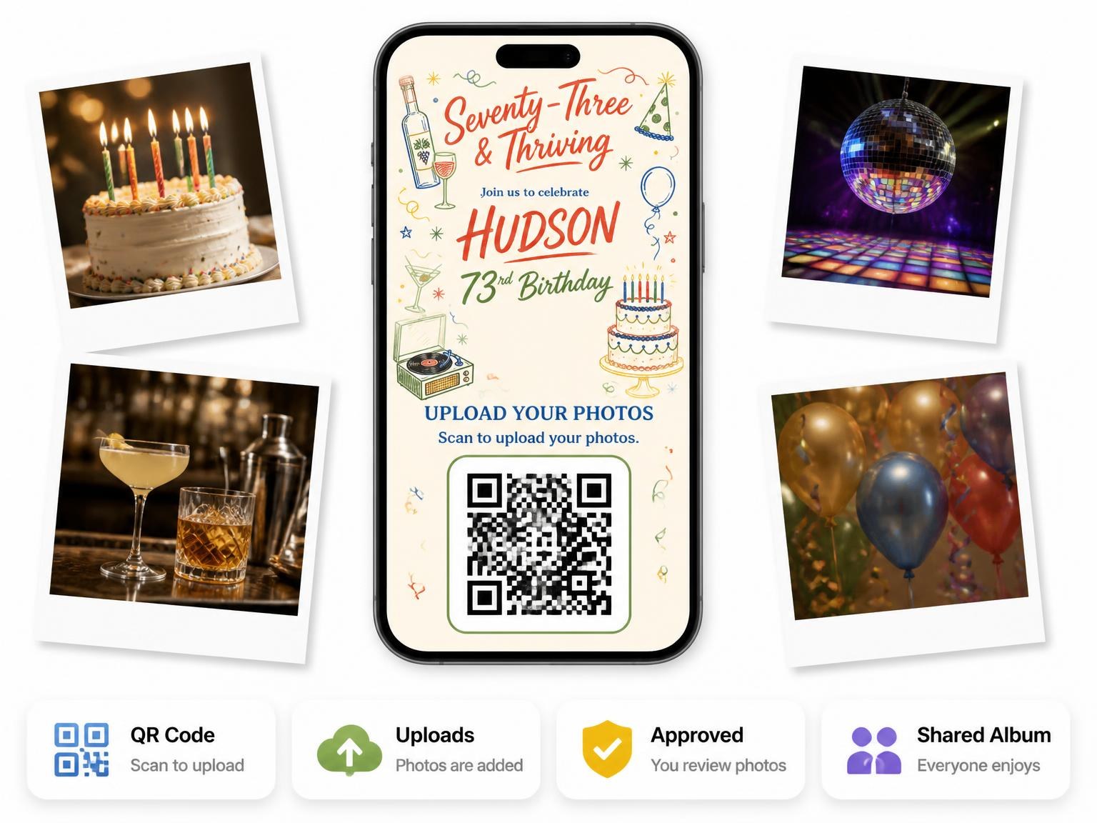 The shared photo gallery that comes with the Retro Doodle 73rd Birthday Invitation invitation