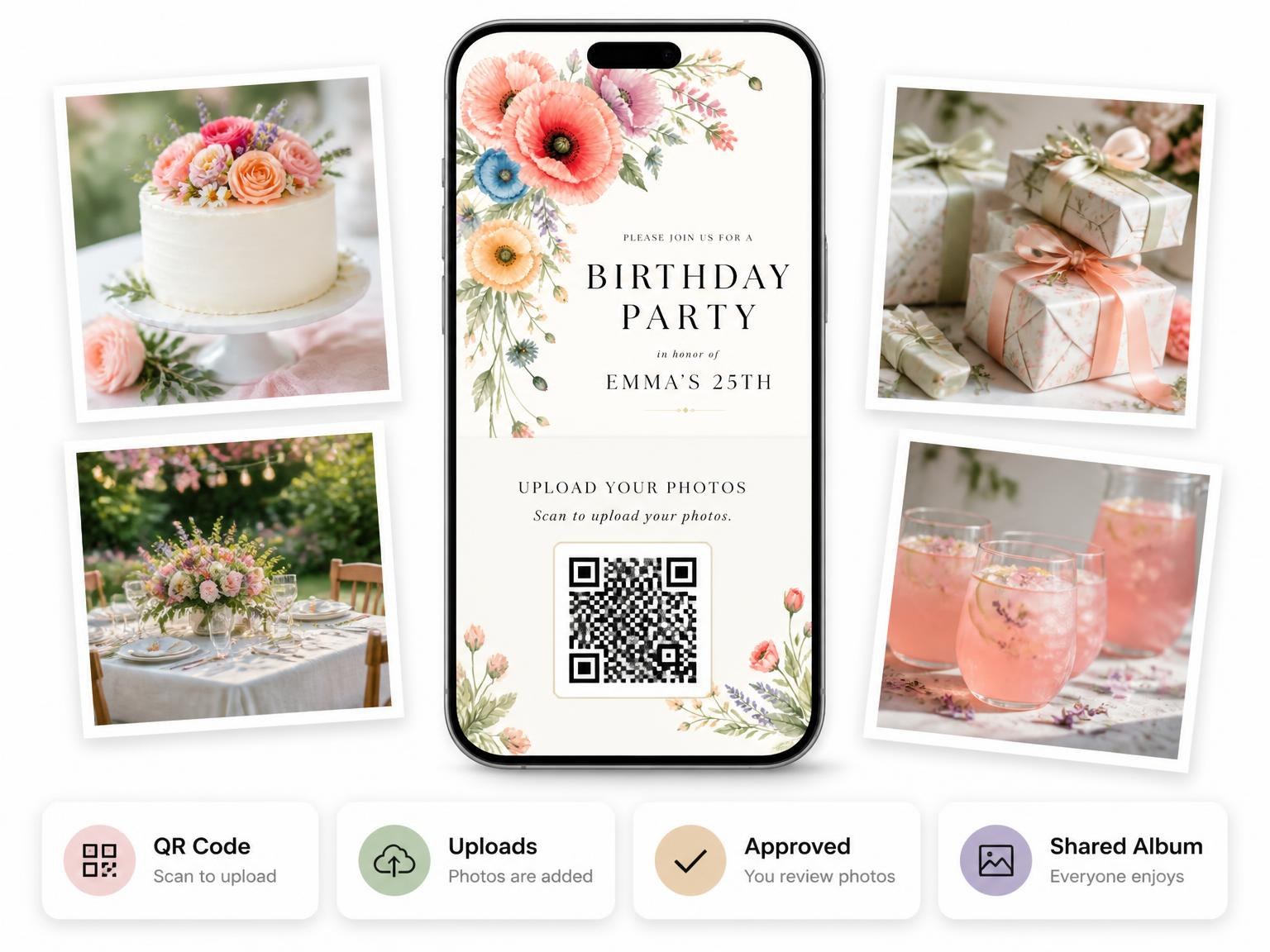 The shared photo gallery that comes with the Pastel Floral Garland 25th Birthday Invitation invitation