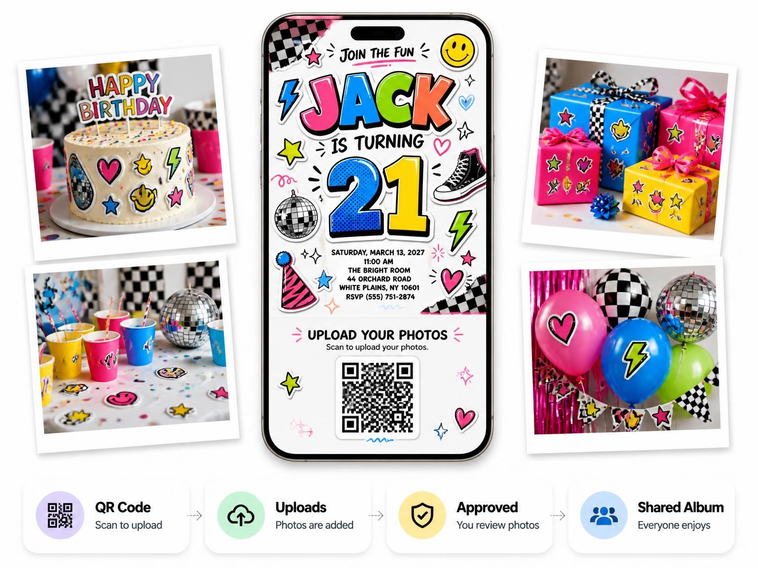 The shared photo gallery that comes with the Sticker Pop 21st Birthday Invitation invitation