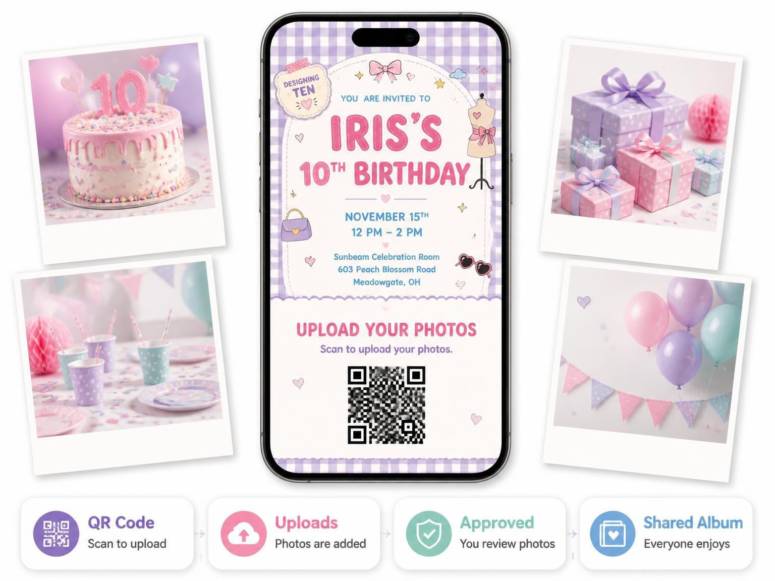 The shared photo gallery that comes with the Dressmaker Mannequin 10th Birthday Invitation invitation