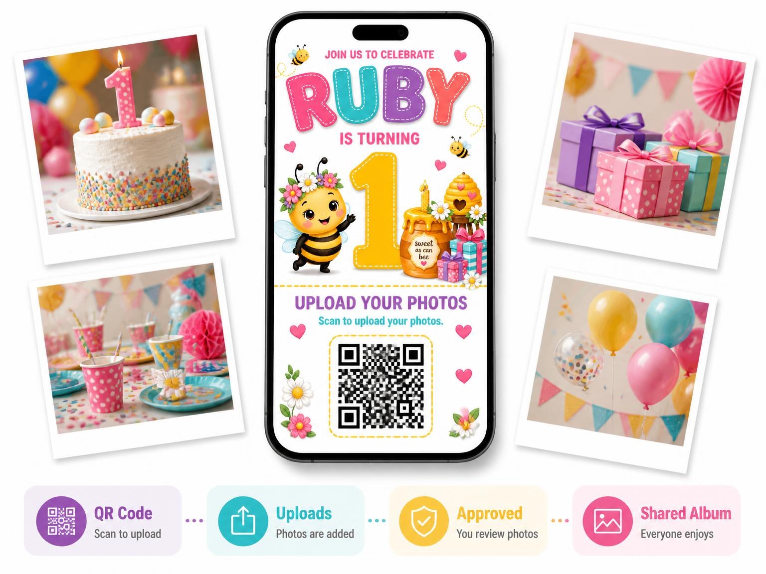 The shared photo gallery that comes with the Cake Beehive Stitched 1st Birthday Invitation invitation