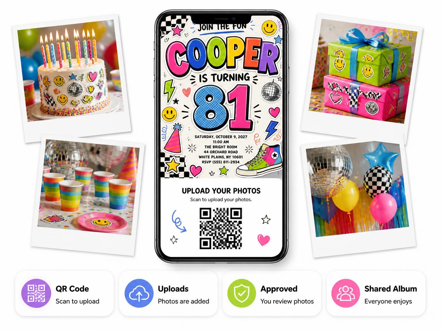 The shared photo gallery that comes with the Sticker Pop 81st Birthday Invitation invitation