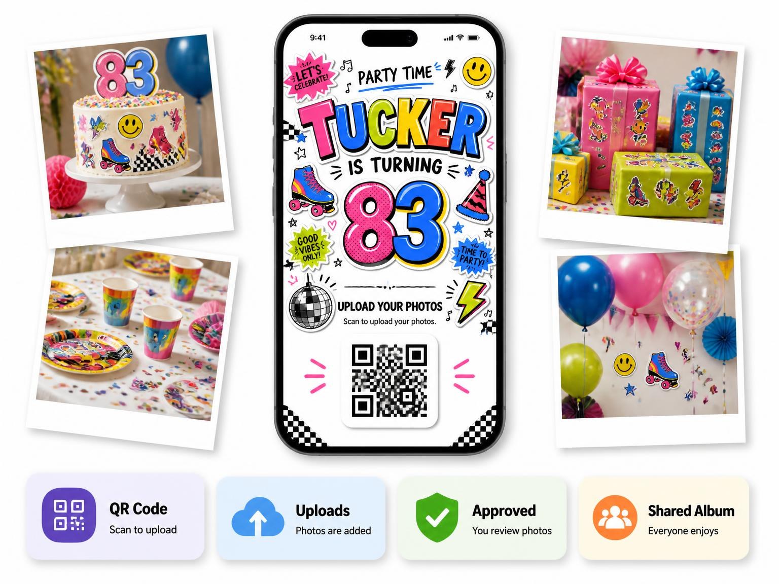 The shared photo gallery that comes with the Sticker Pop 83rd Birthday Invitation invitation
