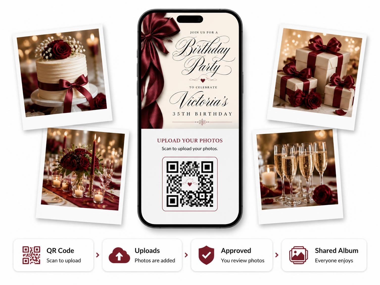 The shared photo gallery that comes with the Burgundy Satin Bow 35th Birthday Invitation invitation