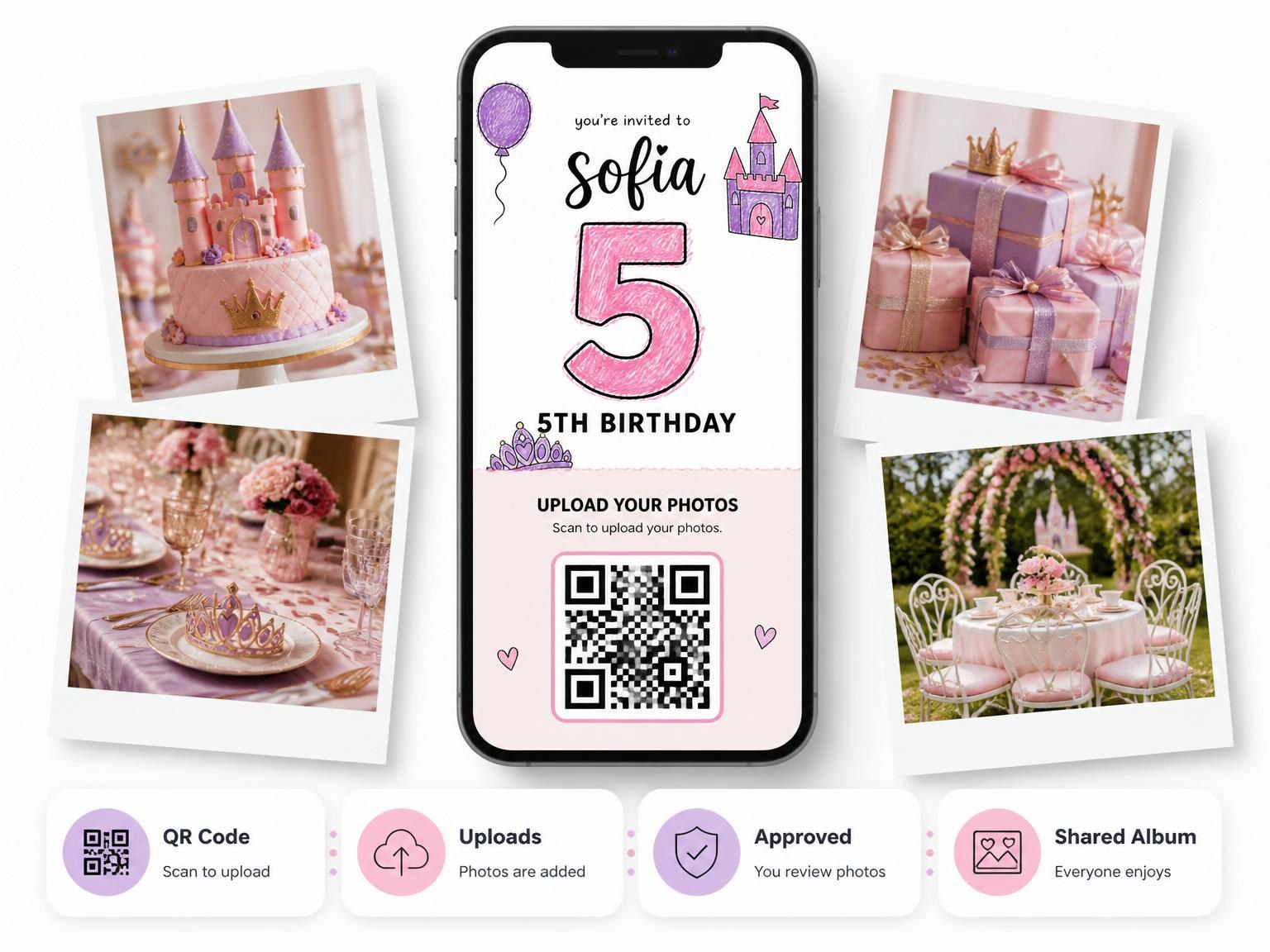 The shared photo gallery that comes with the Crayon Castle Crown 5th Birthday Invitation invitation