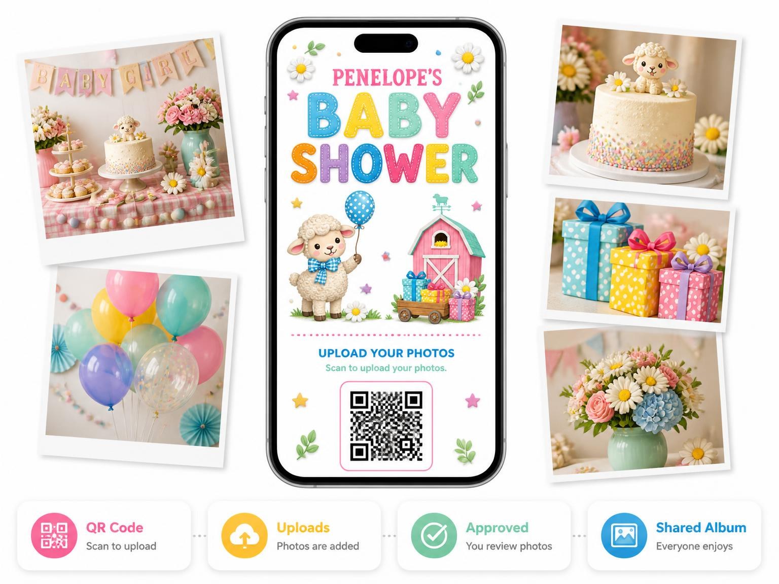 The shared photo gallery that comes with the Baby Lamb Baby Shower Invitation invitation