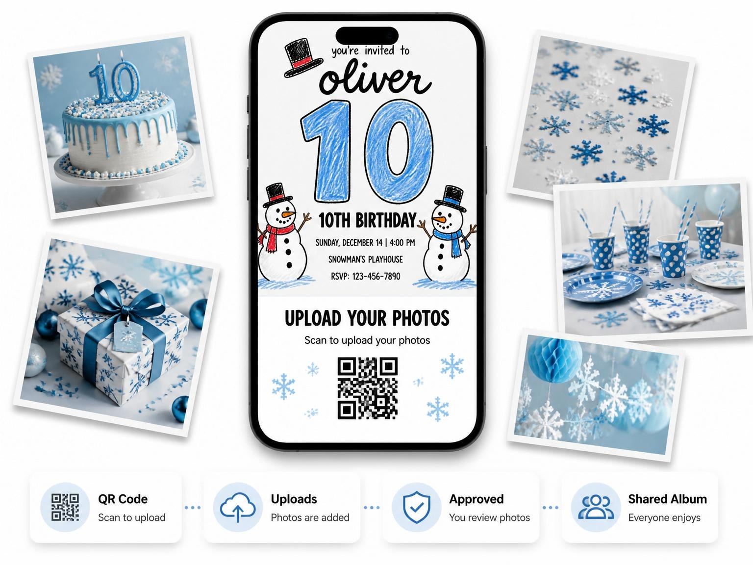 The shared photo gallery that comes with the Colored Pencil Snowman 10th Birthday Invitation invitation