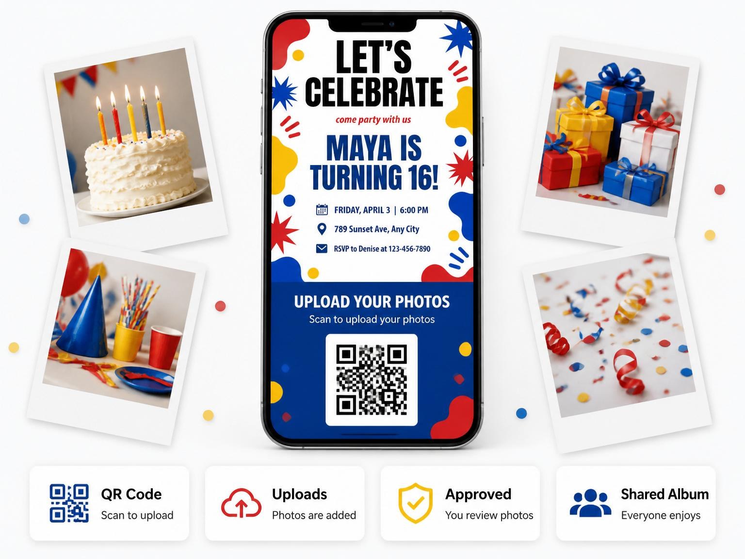 The shared photo gallery that comes with the Primary Memphis Abstract 16th Birthday Invitation invitation