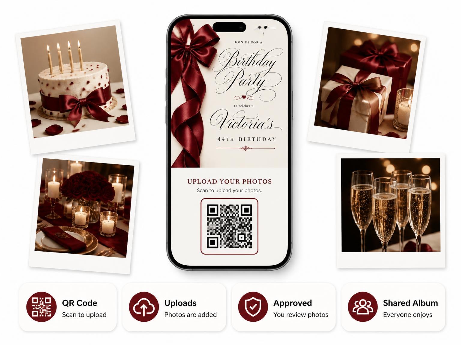The shared photo gallery that comes with the Burgundy Satin Bow 44th Birthday Invitation invitation