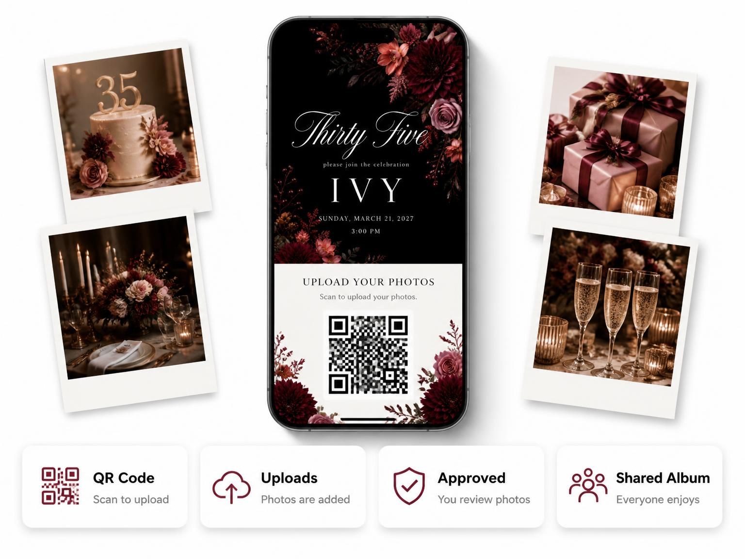 The shared photo gallery that comes with the Black Floral 35th Birthday Invitation invitation