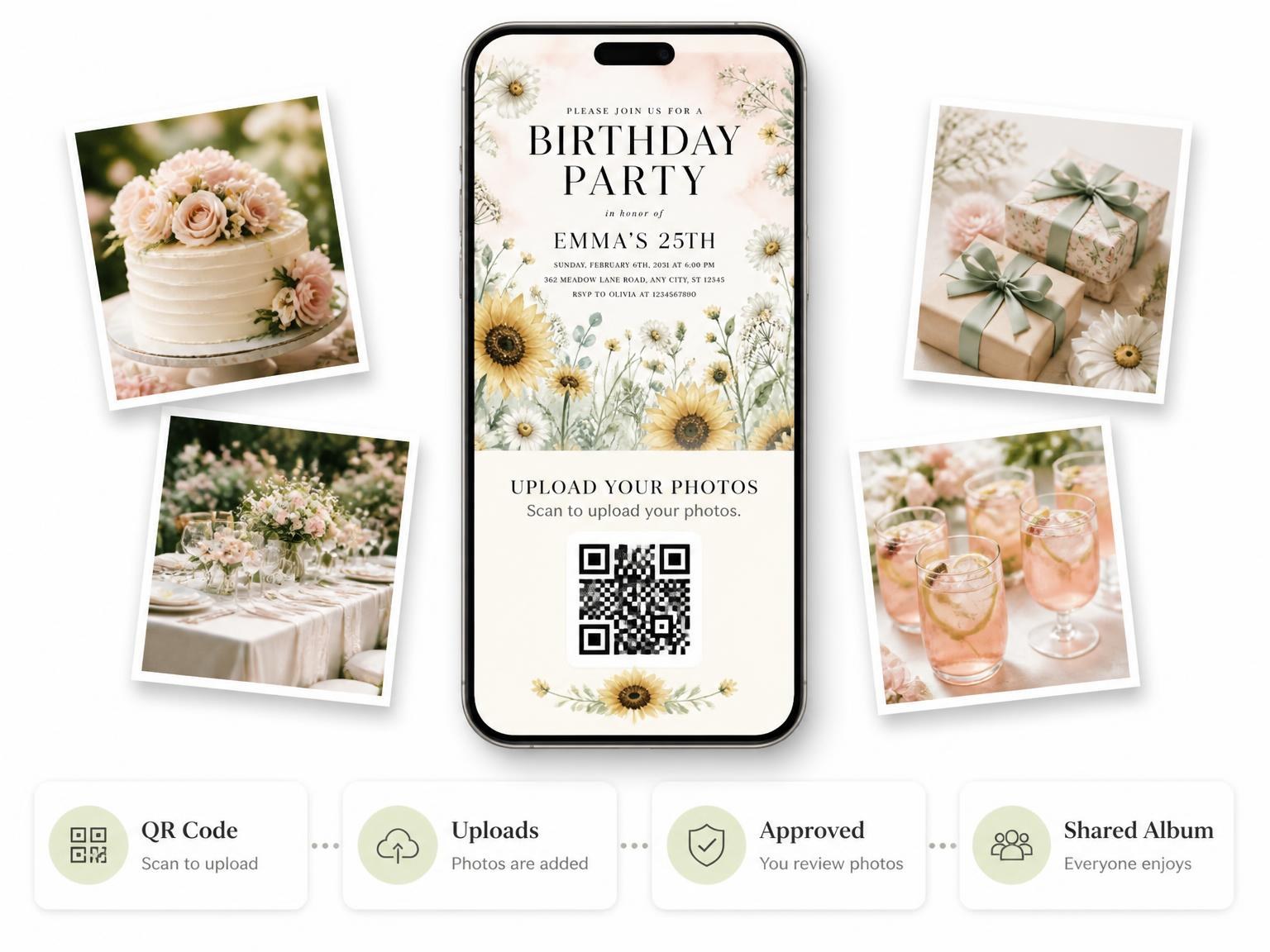 The shared photo gallery that comes with the Sunflowers Mint 25th Birthday Invitation invitation