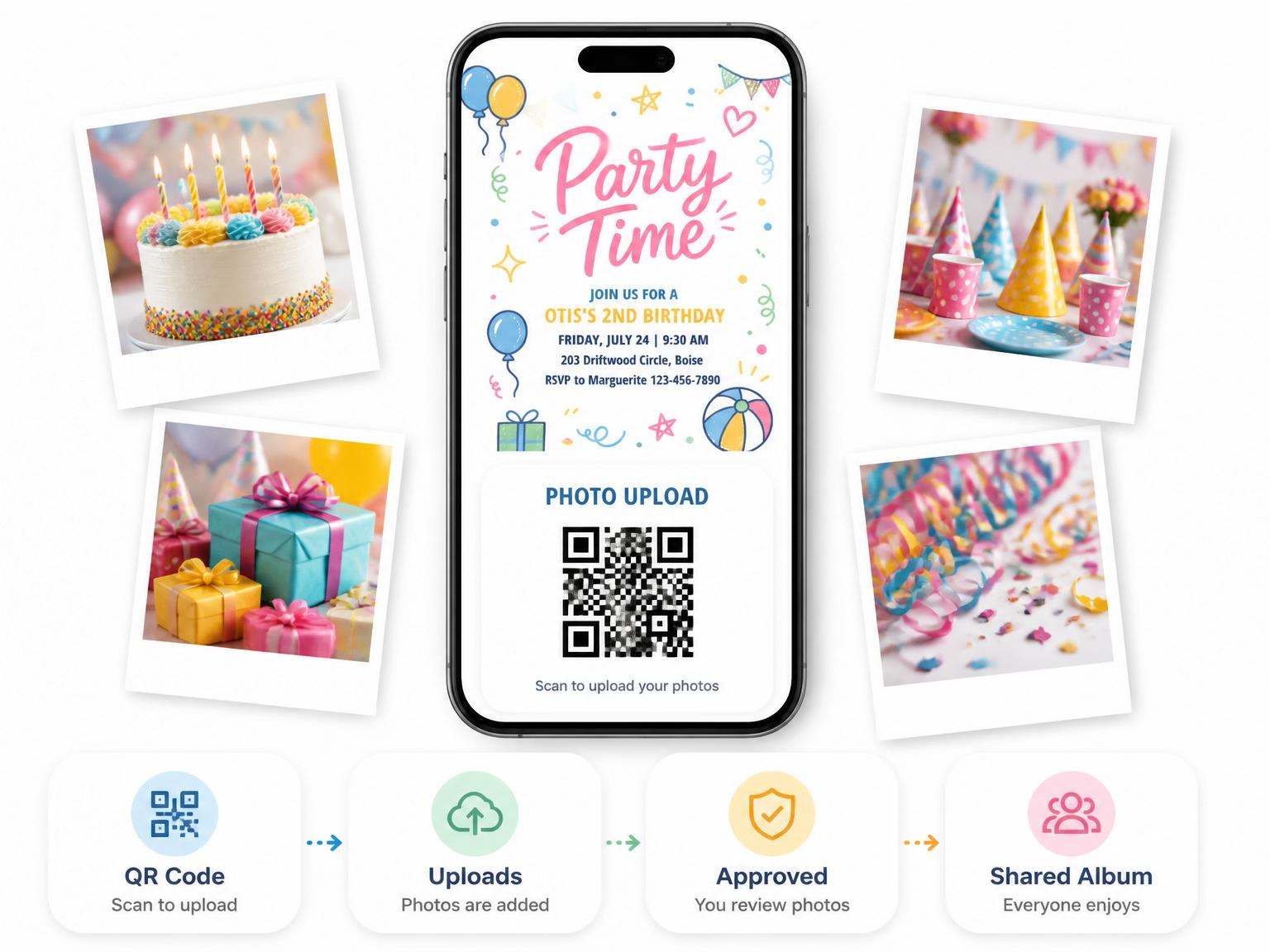 The shared photo gallery that comes with the Colorful Doodle Party 2nd Birthday Invitation invitation