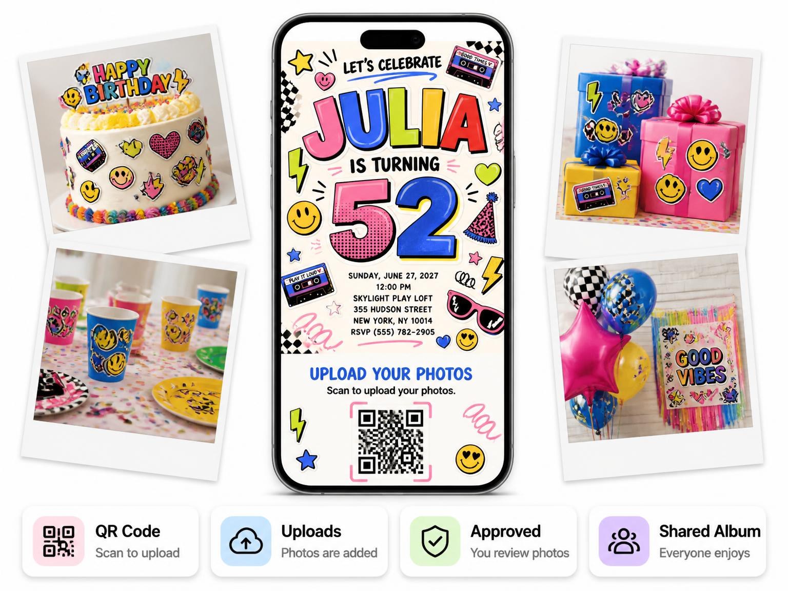 The shared photo gallery that comes with the Sticker Pop 52nd Birthday Invitation invitation