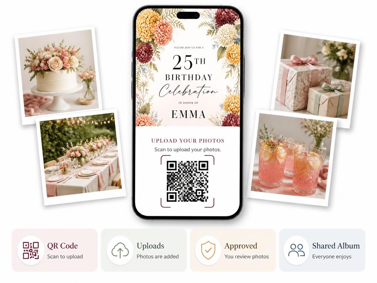 The shared photo gallery that comes with the Hydrangea Botanical Golden 25th Birthday Invitation invitation