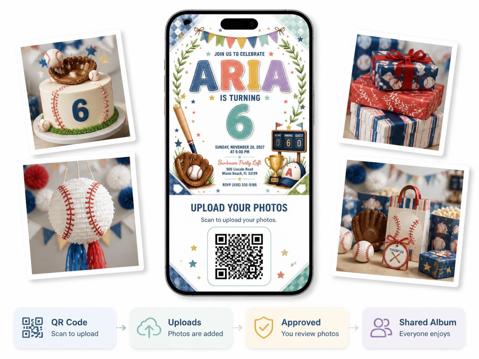 The shared photo gallery that comes with the Stitched Baseball 6th Birthday Invitation invitation