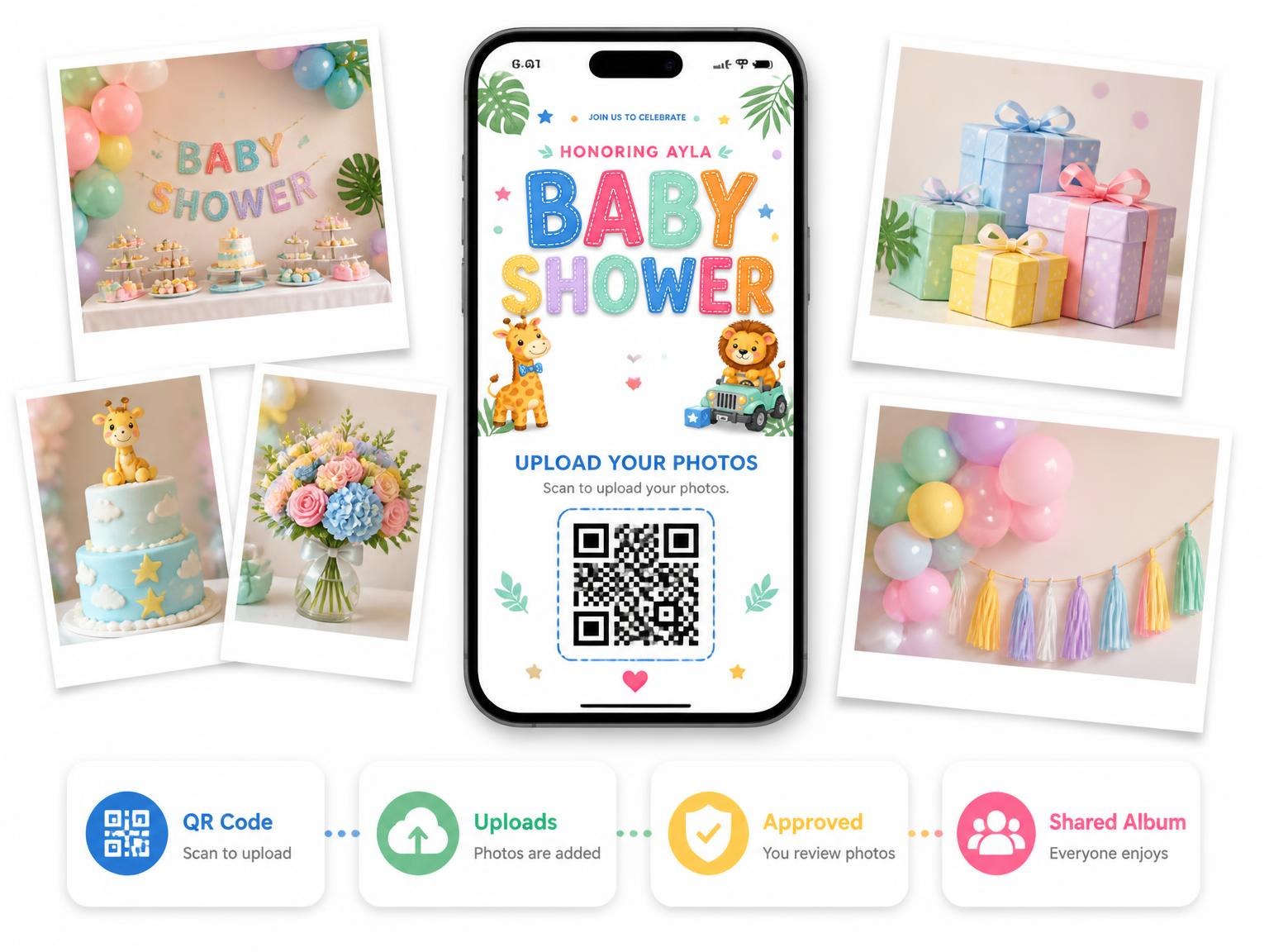 The shared photo gallery that comes with the Giraffe Baby Shower Invitation invitation