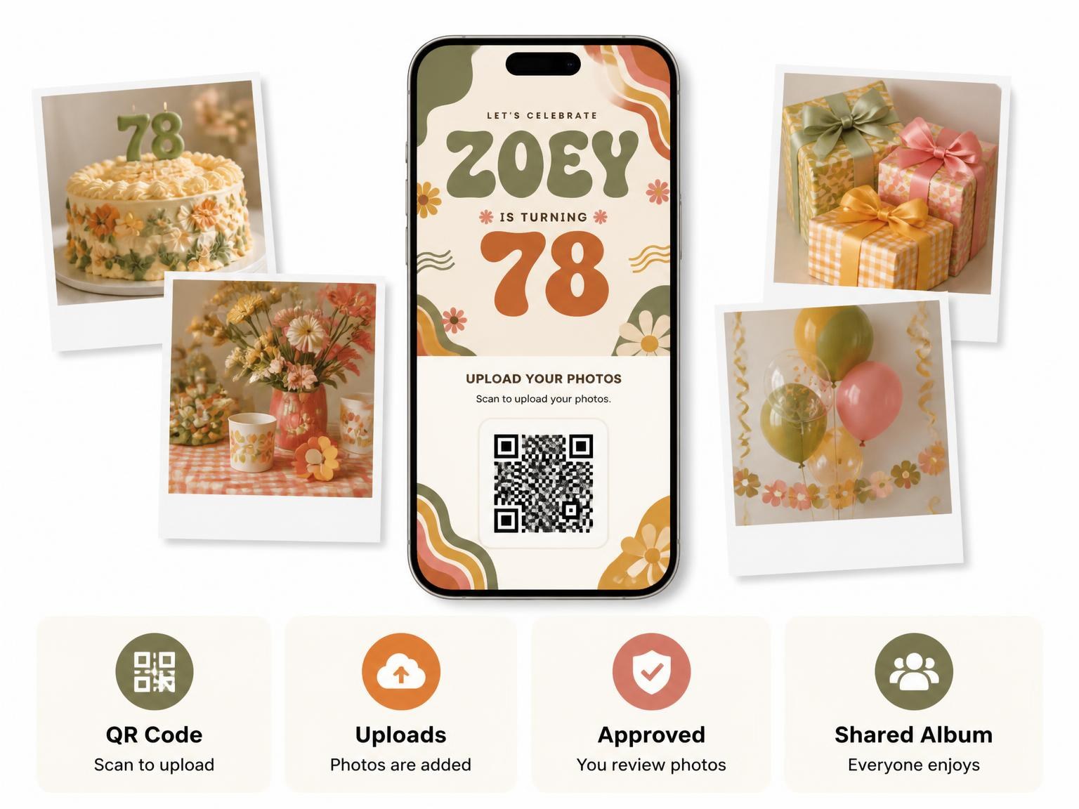 The shared photo gallery that comes with the Groovy Retro 78th Birthday Invitation invitation