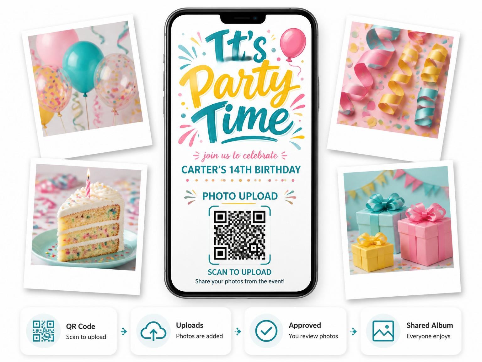 The shared photo gallery that comes with the Teal and Yellow Confetti 14th Birthday invitation