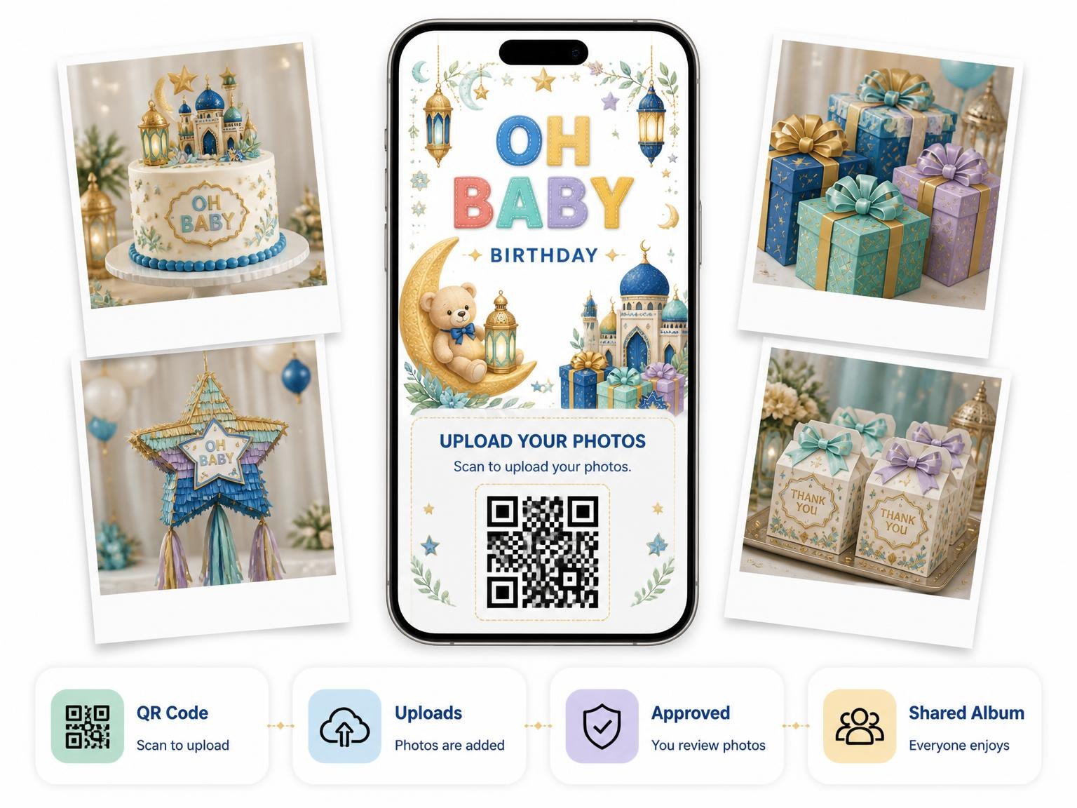 The shared photo gallery that comes with the Crescent Moon Naming Ceremony Invitation invitation