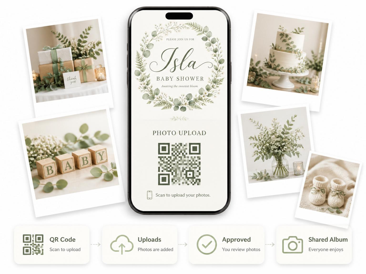 The shared photo gallery that comes with the Watercolor Eucalyptus Wreath Baby Shower invitation