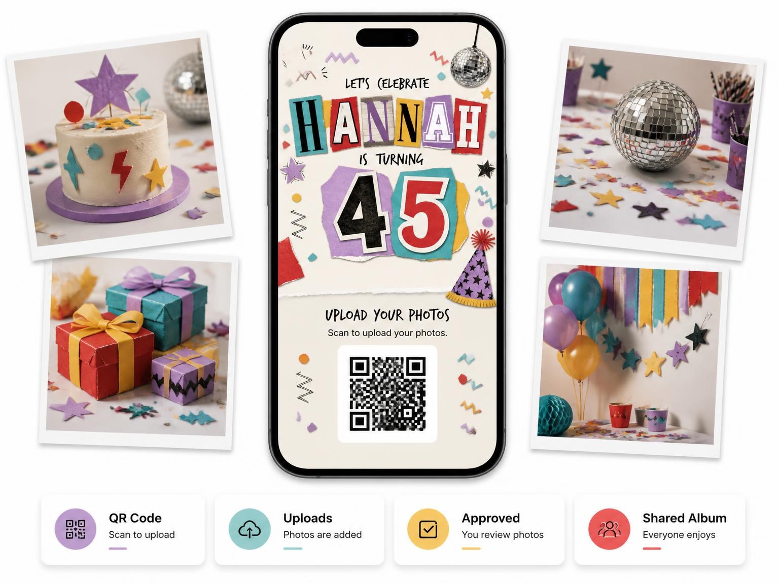 The shared photo gallery that comes with the Retro Paper Collage 45th Birthday Invitation invitation
