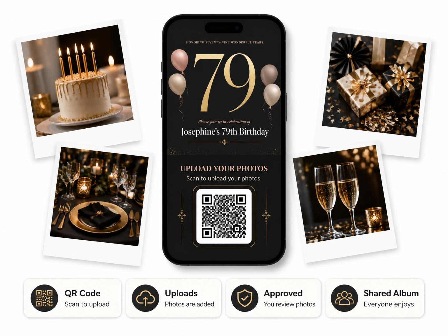 The shared photo gallery that comes with the Charcoal and Blush 79th Birthday Invitation invitation