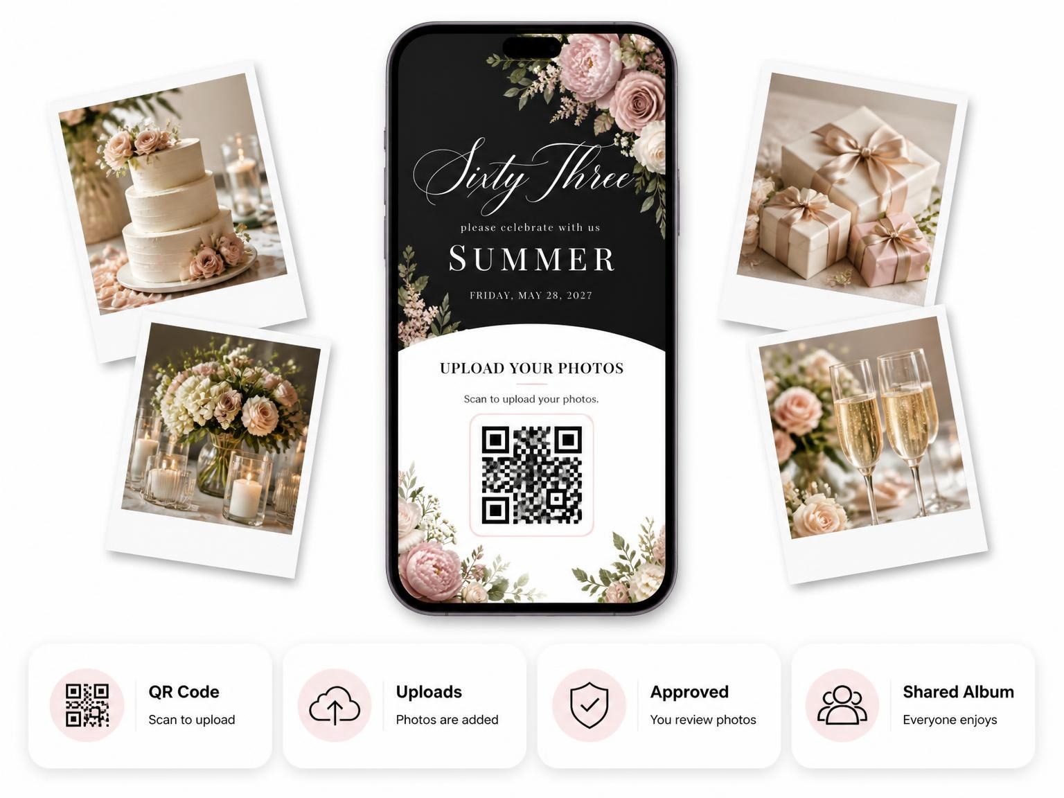 The shared photo gallery that comes with the Black Floral 63rd Birthday Invitation invitation