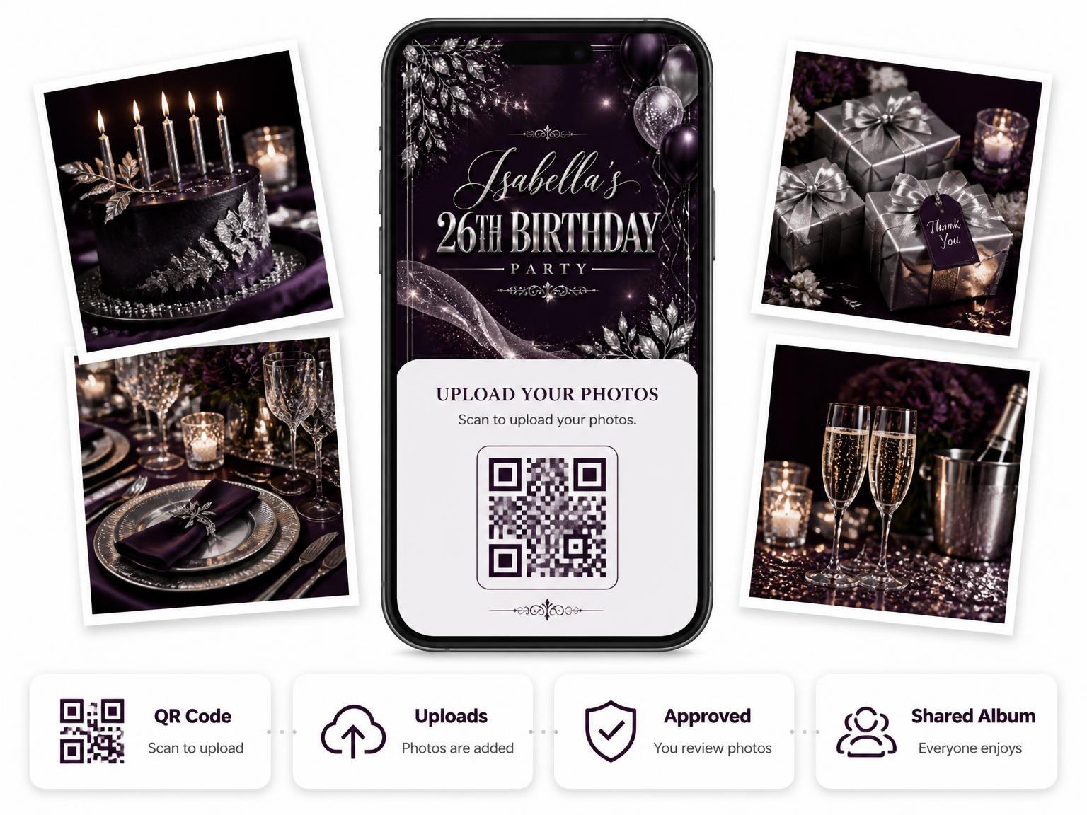The shared photo gallery that comes with the Plum and Silver 26th Birthday Invitation invitation