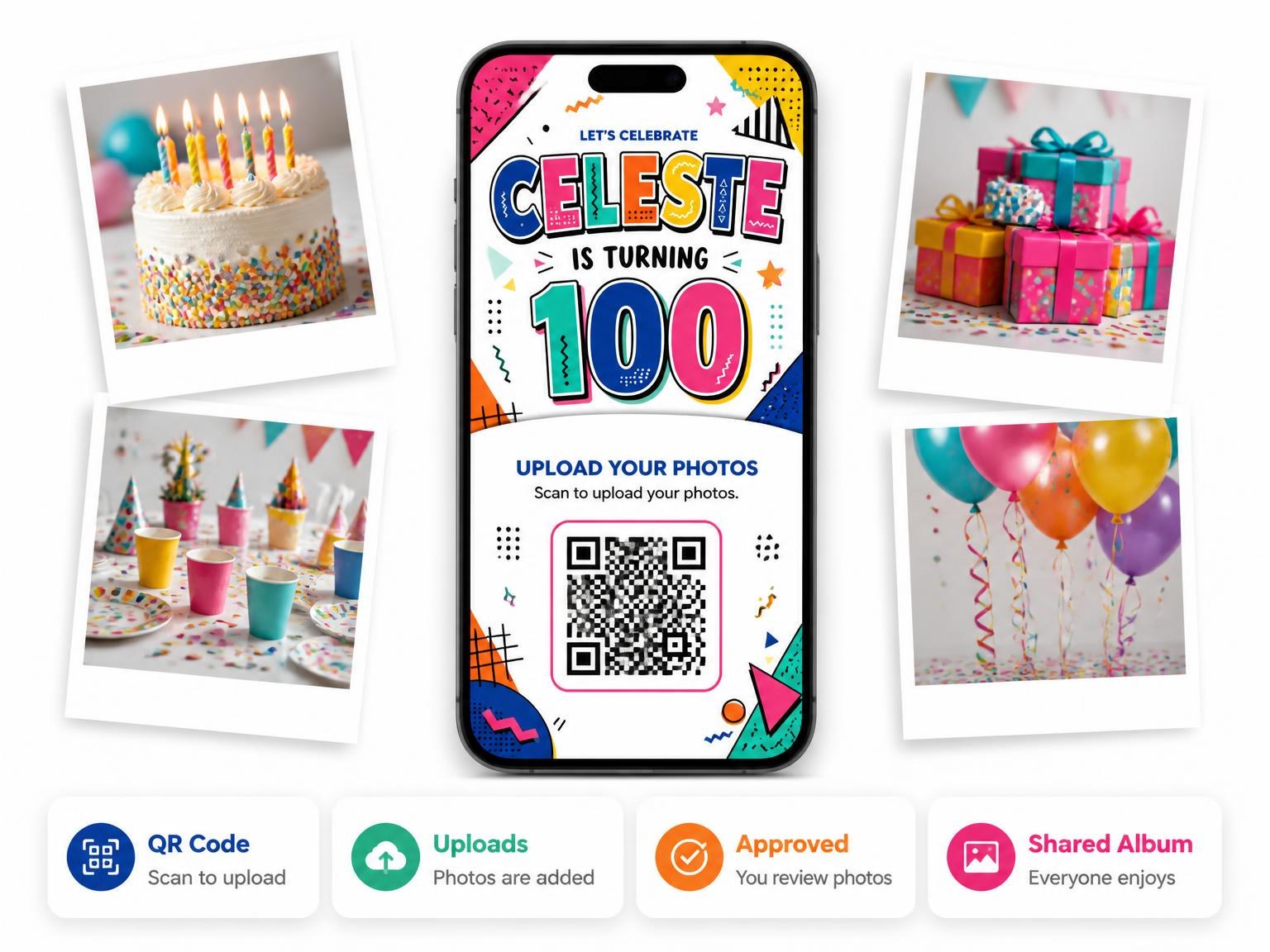 The shared photo gallery that comes with the Memphis Pop 100th Birthday Invitation invitation
