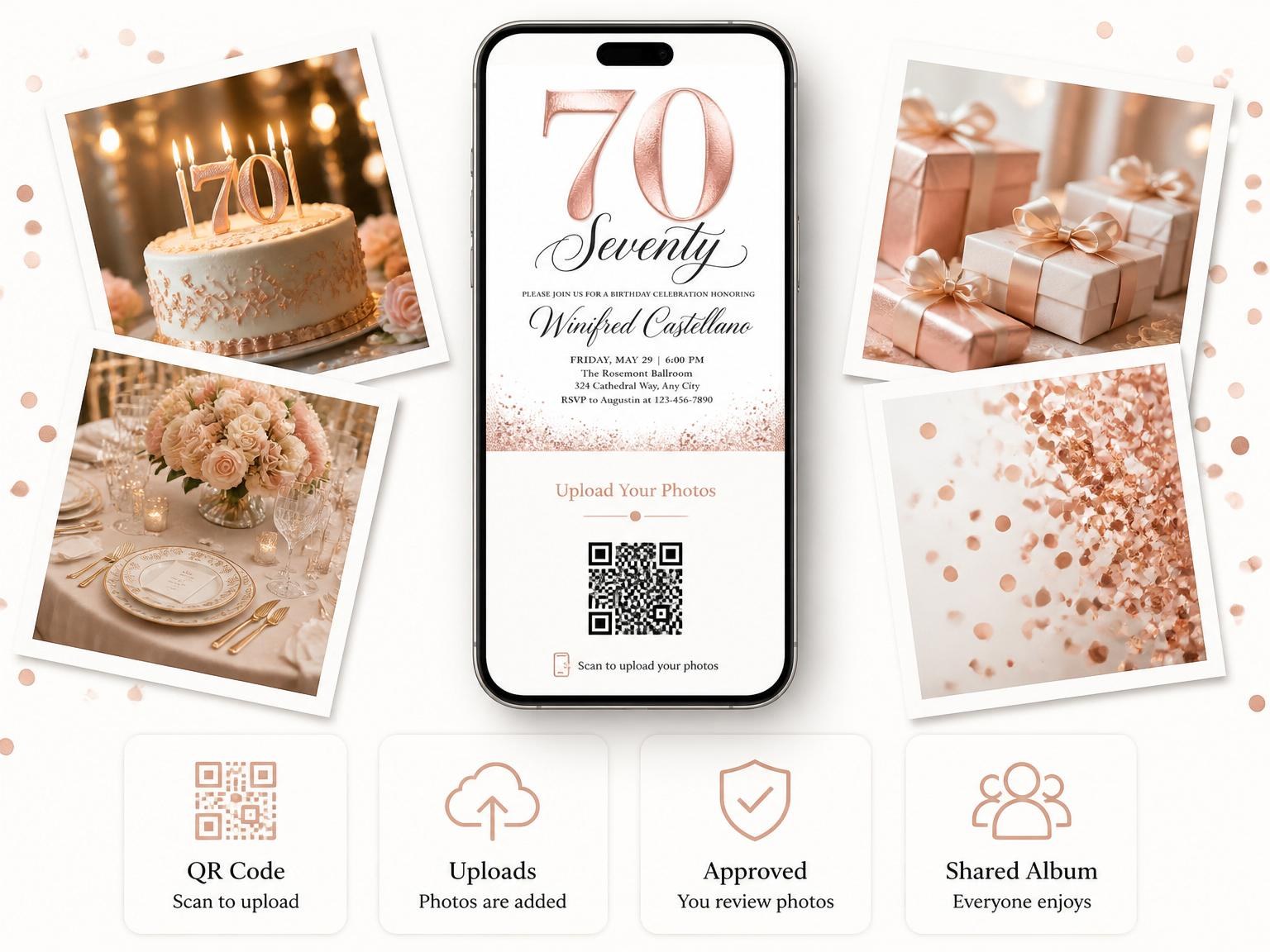 The shared photo gallery that comes with the Rose Gold Foil 70th Birthday invitation