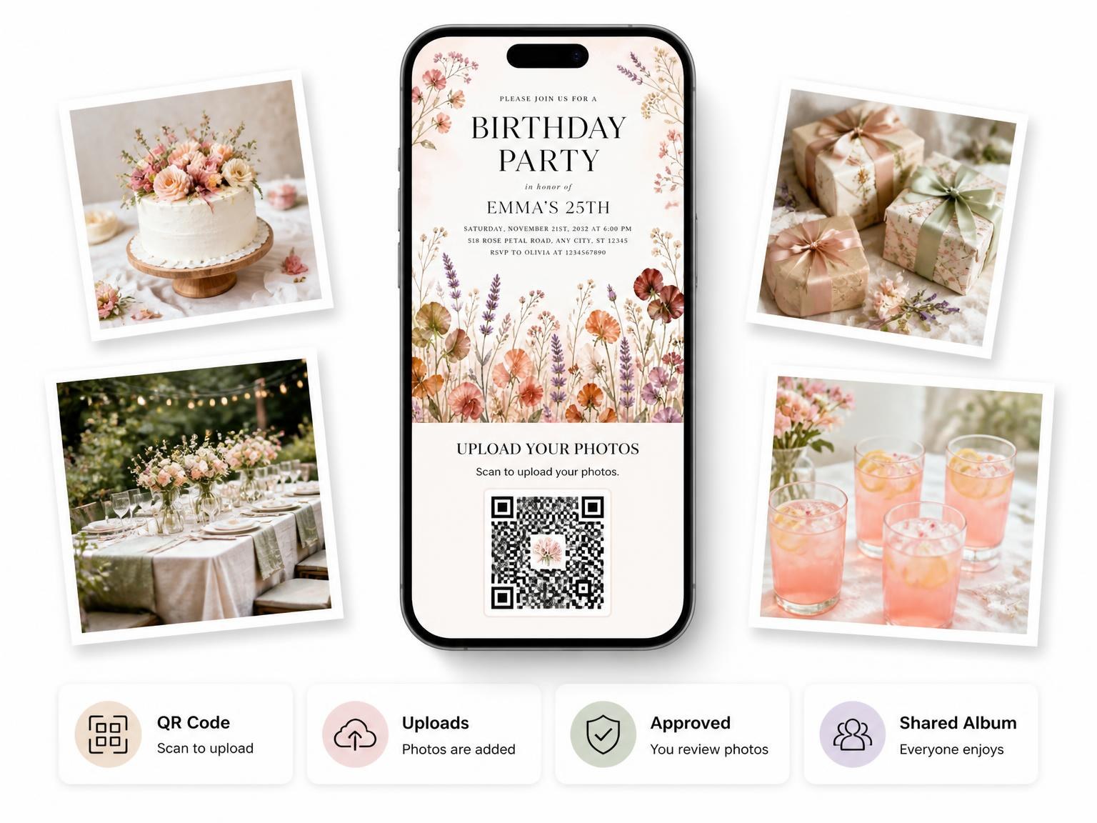 The shared photo gallery that comes with the Botanical Wildflower Autumn 25th Birthday Invitation invitation