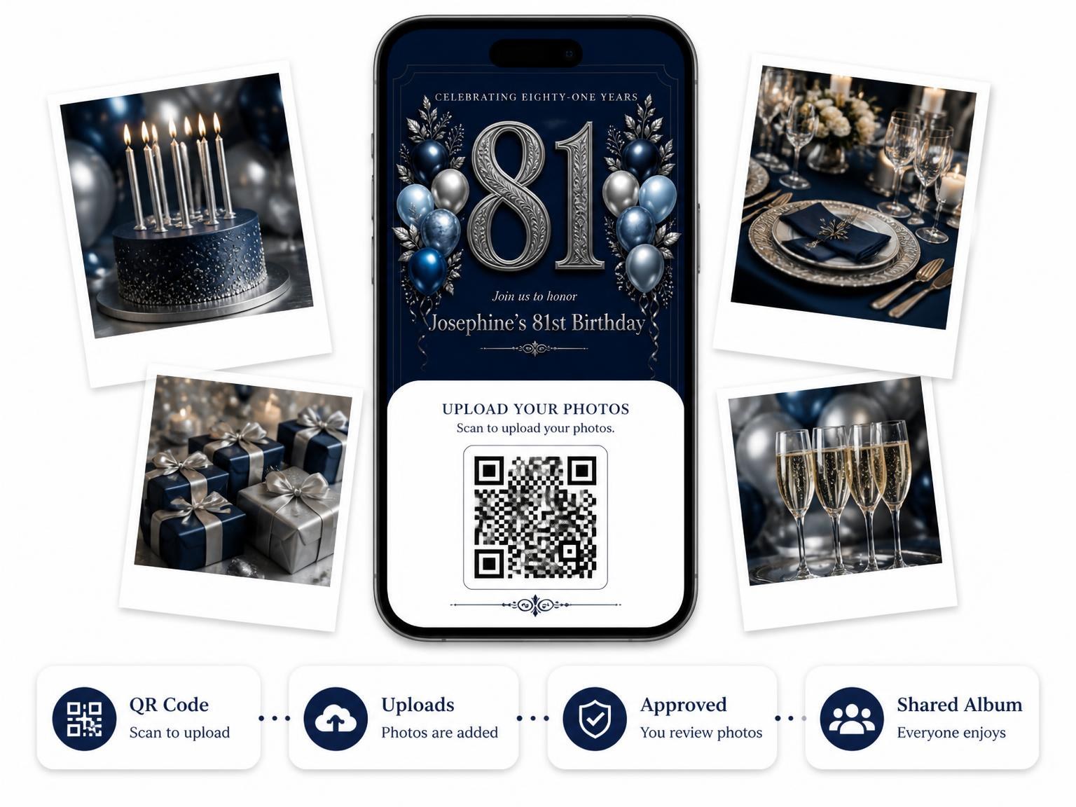 The shared photo gallery that comes with the Navy and Silver 81st Birthday Invitation invitation