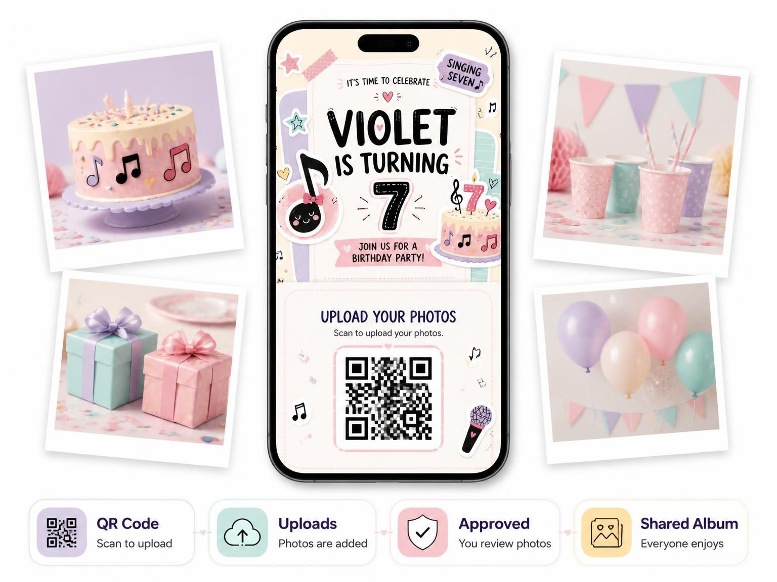 The shared photo gallery that comes with the Musical Note Pastel 7th Birthday Invitation invitation