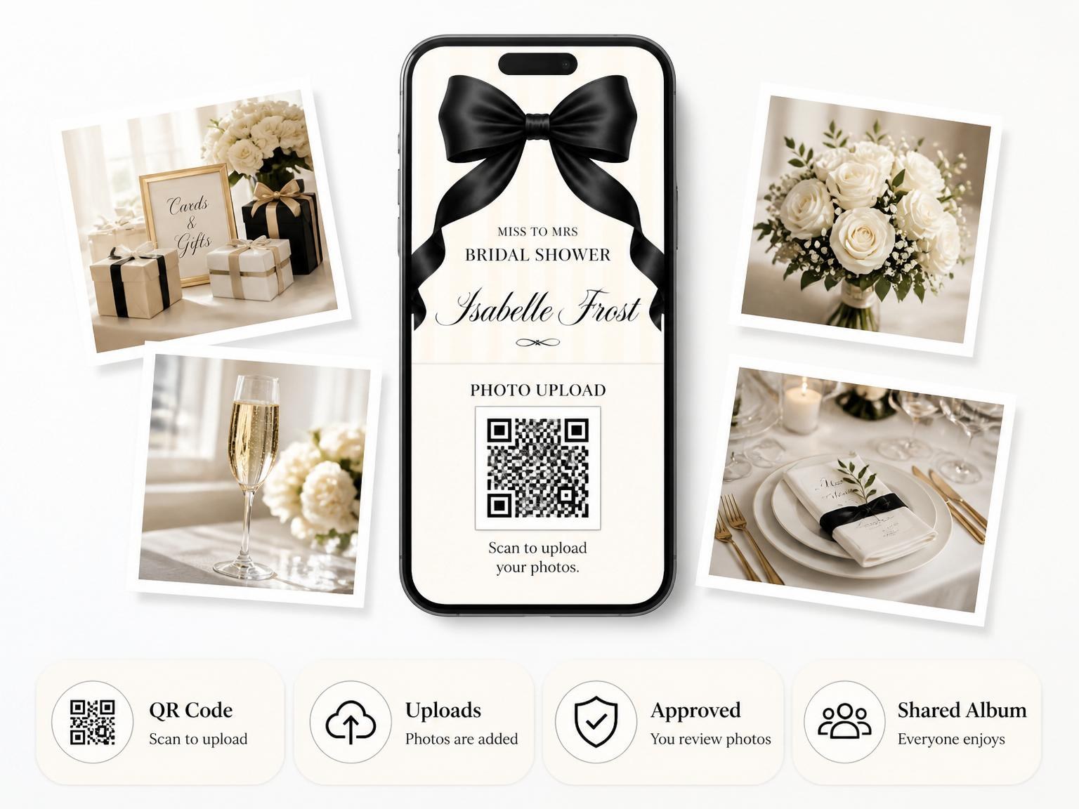 The shared photo gallery that comes with the Cream Pinstripe Black Bow Bridal Shower invitation