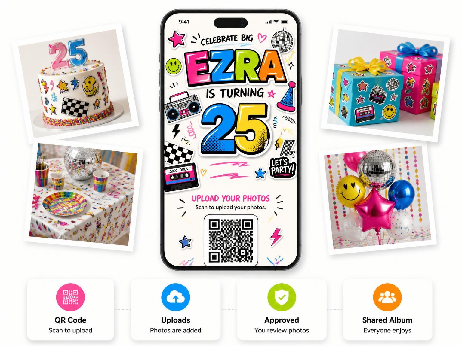 The shared photo gallery that comes with the Sticker Pop 25th Birthday Invitation invitation