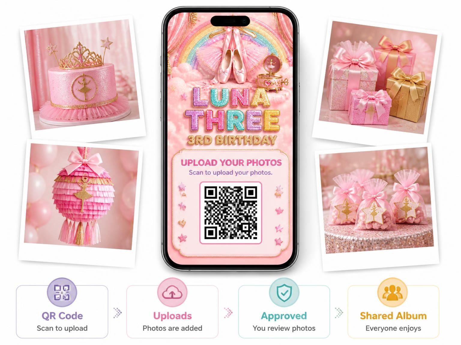 The shared photo gallery that comes with the Glitter Ballet 3rd Birthday Invitation invitation