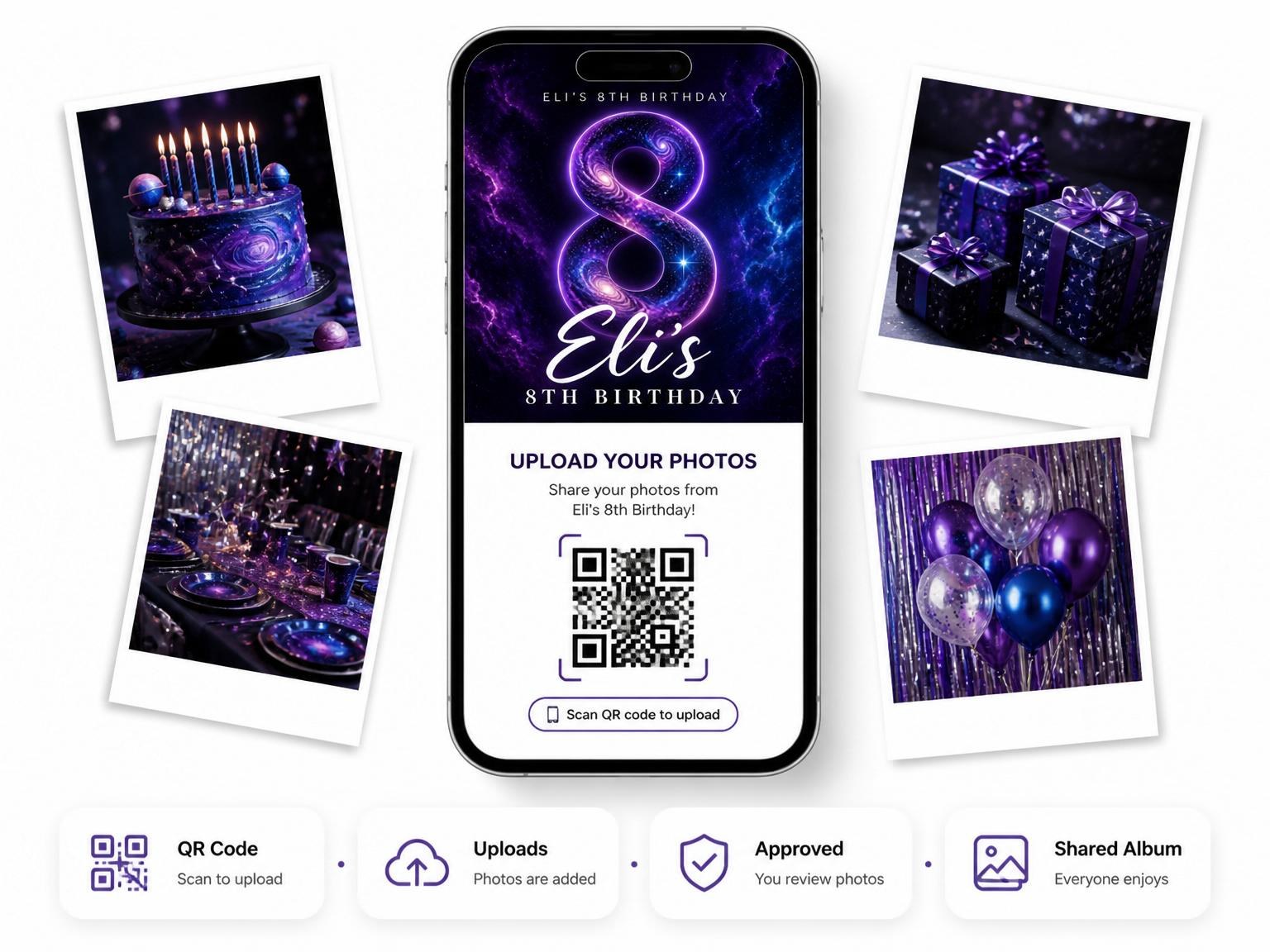 The shared photo gallery that comes with the Nebula Galaxy 8th Birthday Invitation invitation