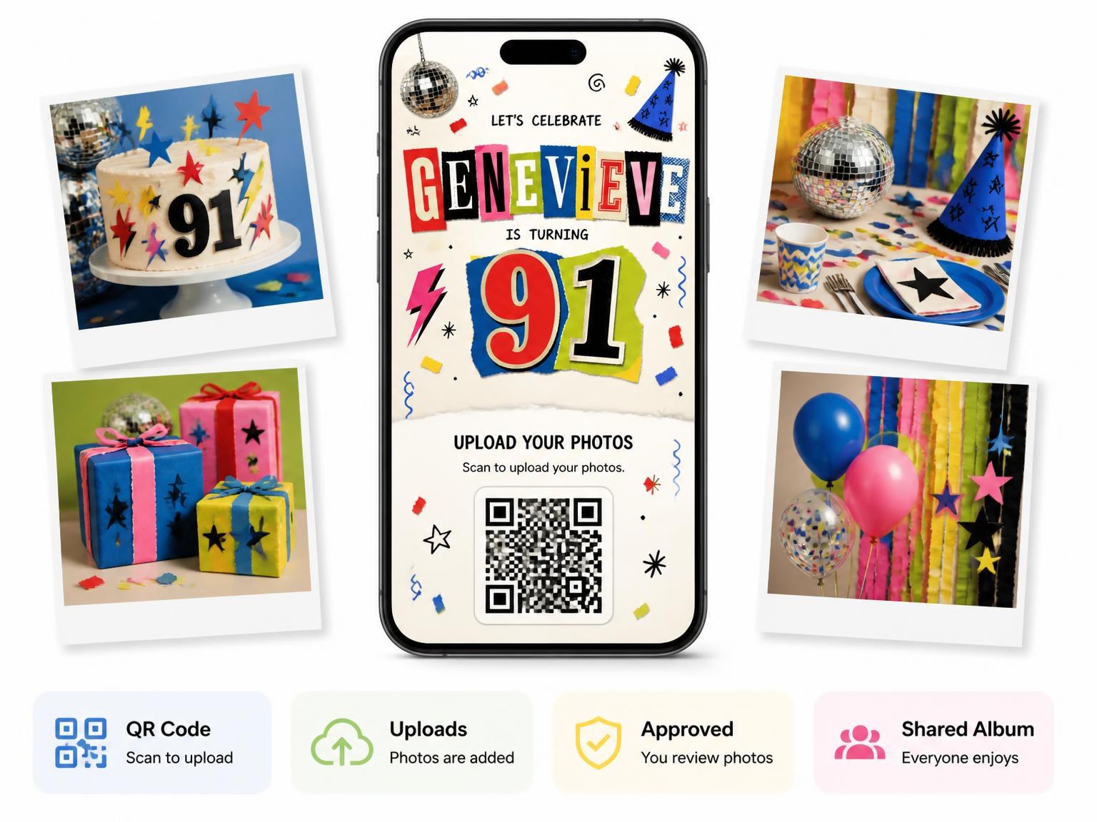 The shared photo gallery that comes with the Retro Paper Collage 91st Birthday Invitation invitation