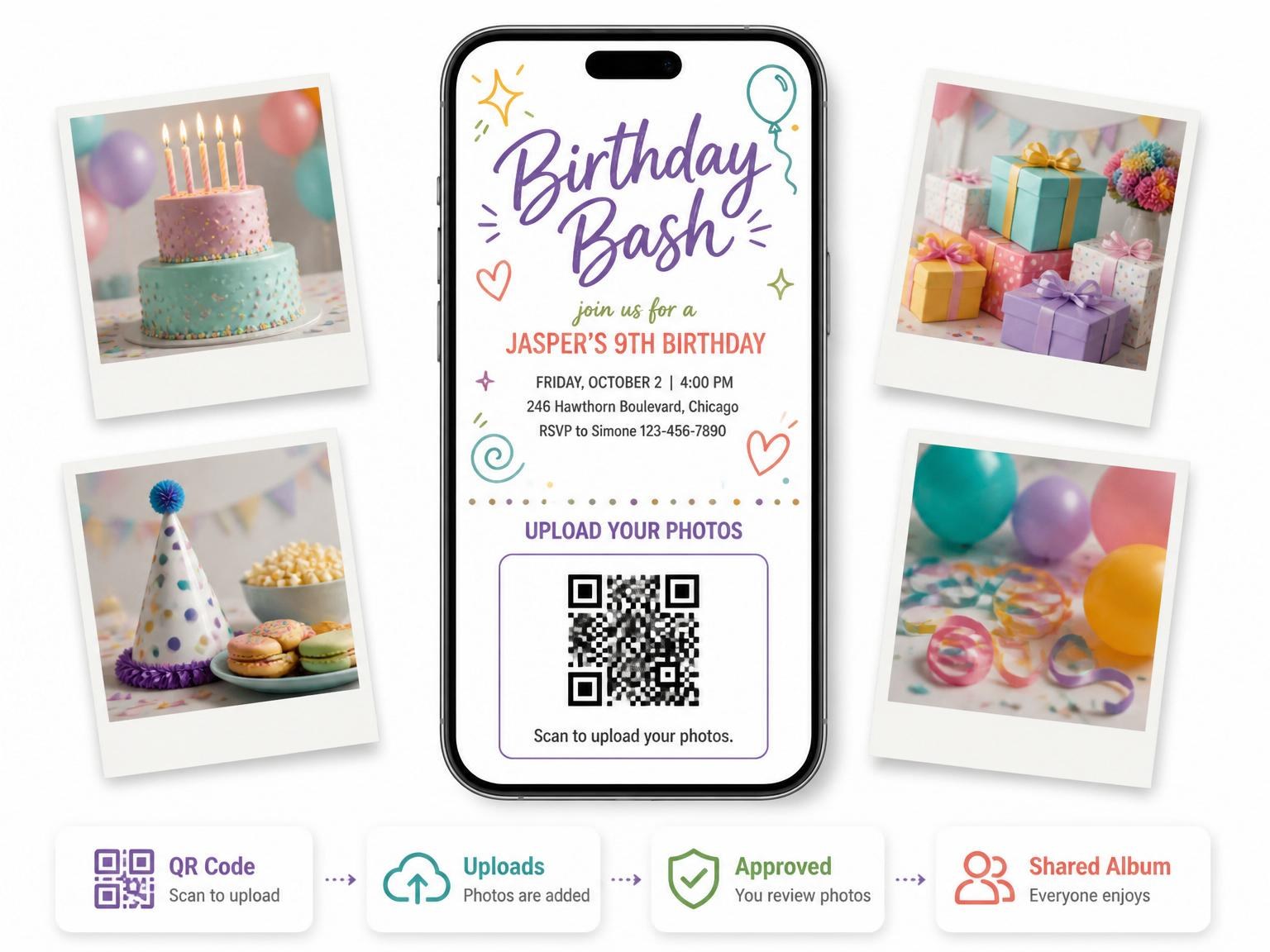 The shared photo gallery that comes with the Cream Pastel Doodle 9th Birthday Invitation invitation