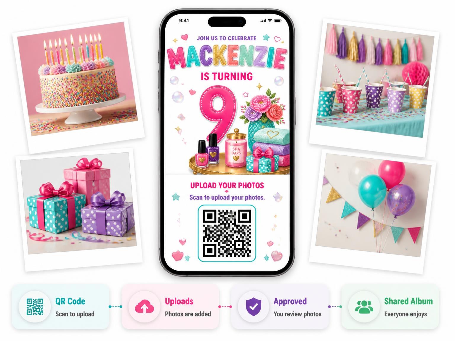 The shared photo gallery that comes with the Fabric Patches Stitched 9th Birthday Invitation invitation