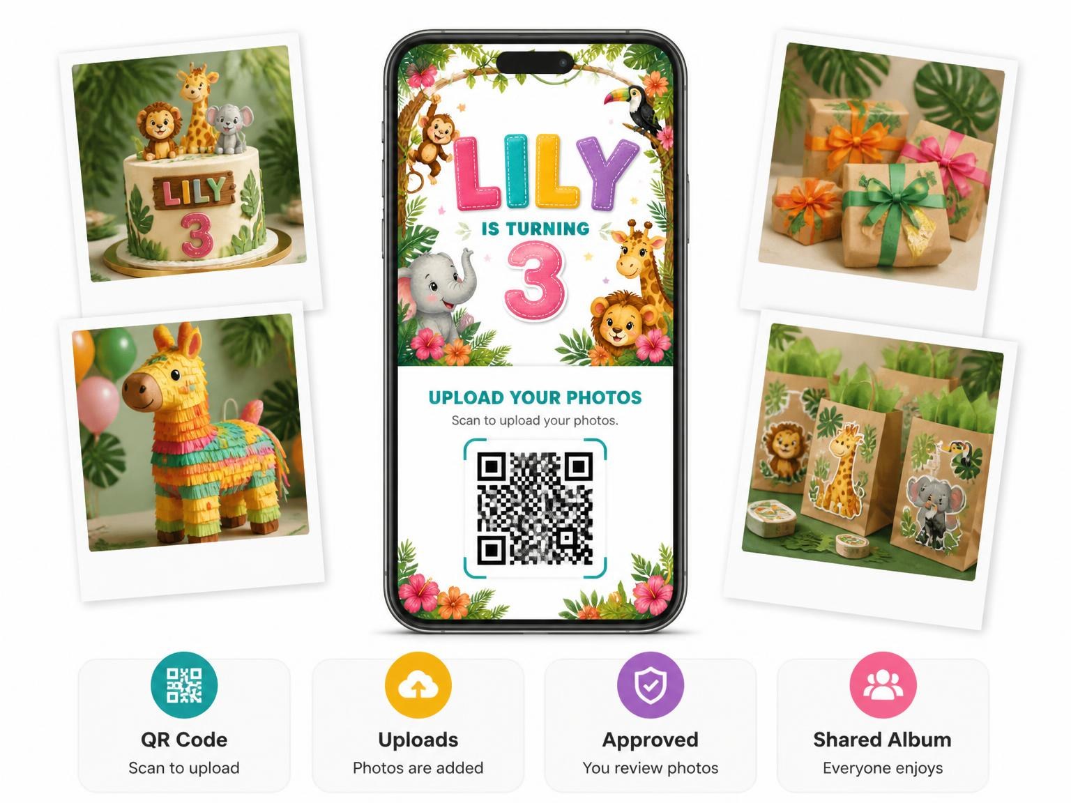 The shared photo gallery that comes with the Stitched Safari 3rd Birthday Invitation invitation
