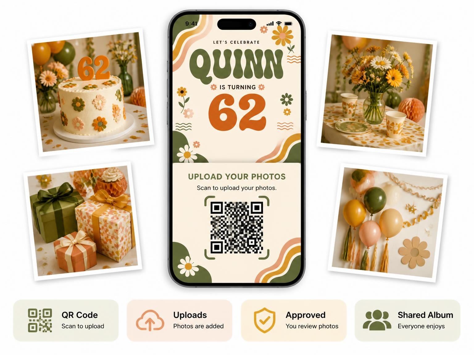 The shared photo gallery that comes with the Groovy Retro 62nd Birthday Invitation invitation