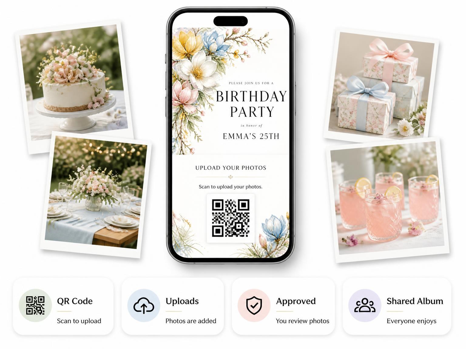 The shared photo gallery that comes with the Spring Magnolia Branch 25th Birthday Invitation invitation