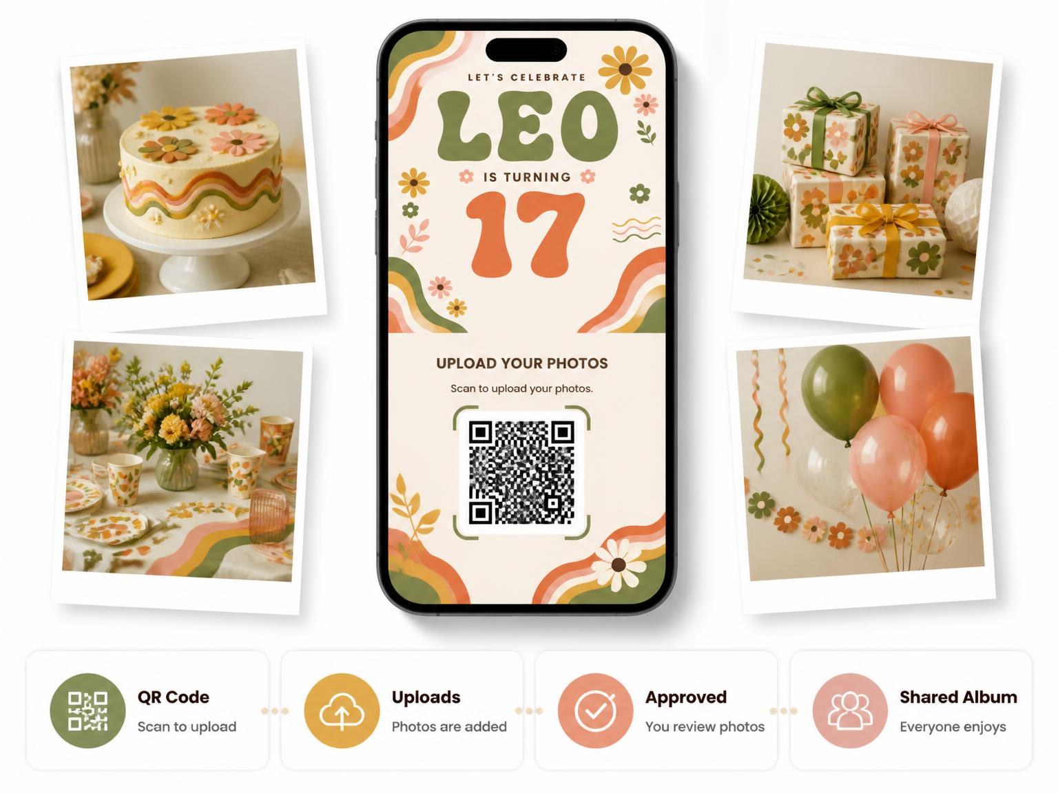 The shared photo gallery that comes with the Groovy Retro 17th Birthday Invitation invitation