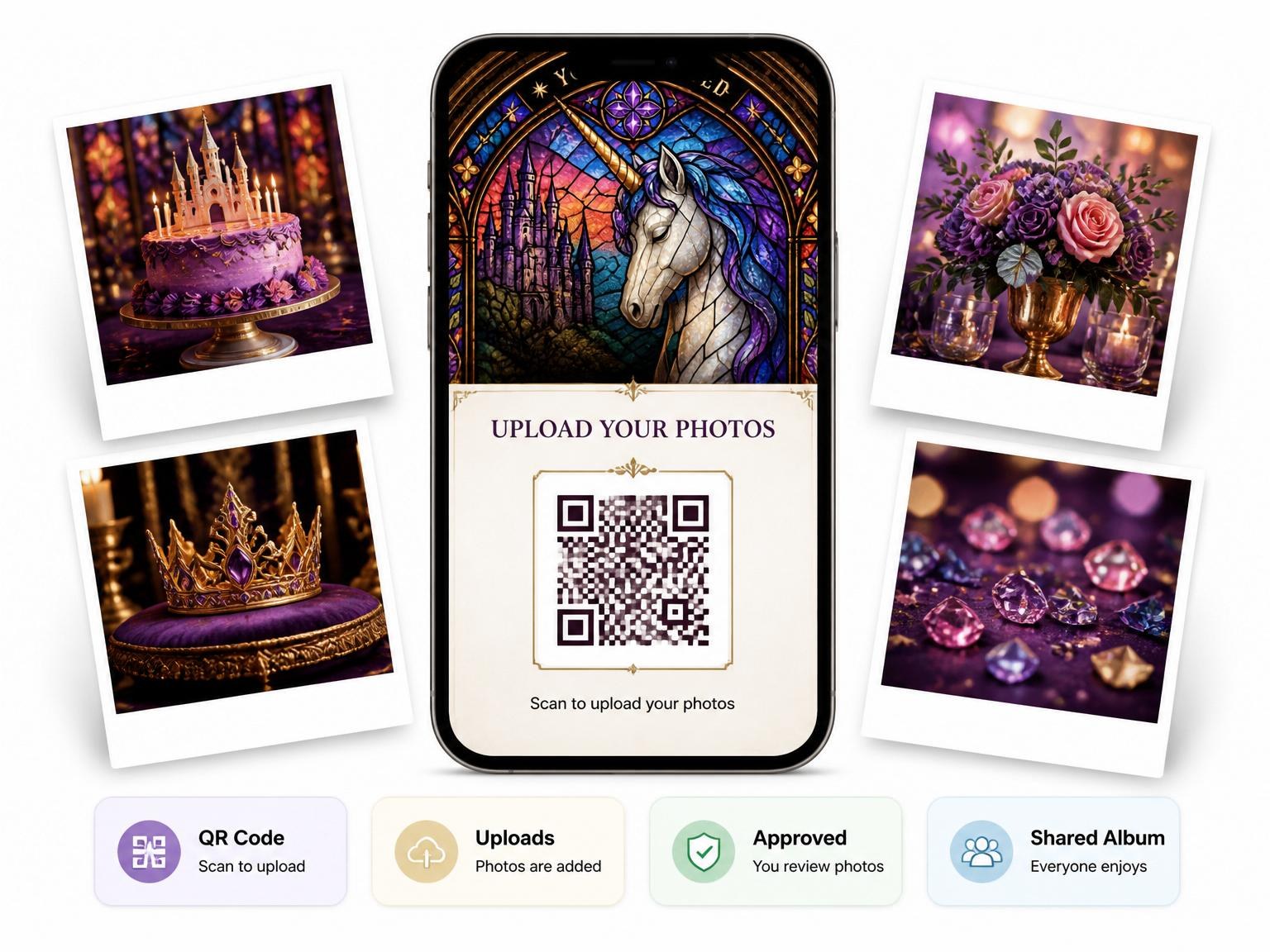The shared photo gallery that comes with the Stained Glass Unicorn Princess 5th Birthday Invitation invitation