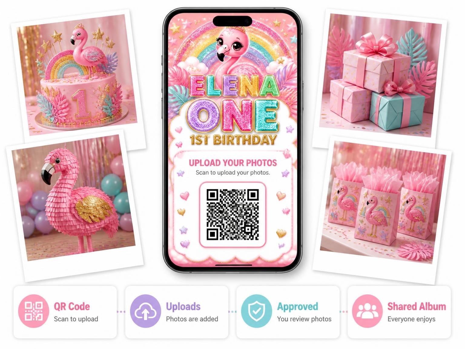 The shared photo gallery that comes with the Glitter Flamingo 1st Birthday Invitation invitation