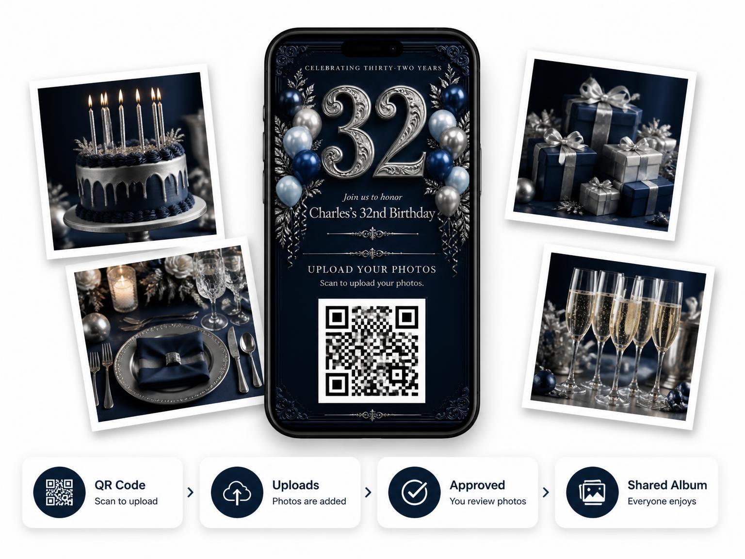 The shared photo gallery that comes with the Navy and Silver 32nd Birthday Invitation invitation