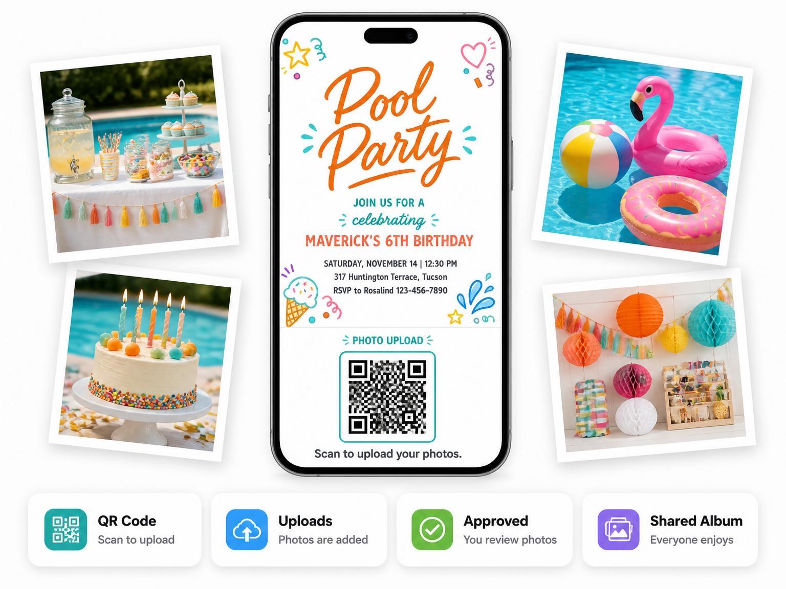 The shared photo gallery that comes with the Colorful Doodle Pool 6th Birthday Party invitation