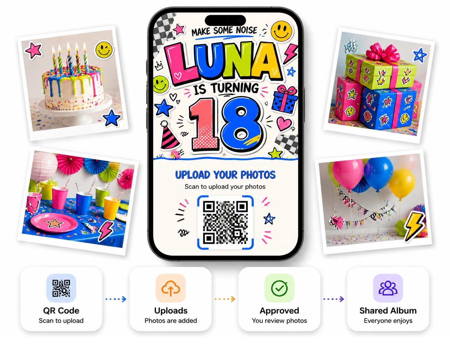 The shared photo gallery that comes with the Sticker Pop 18th Birthday Invitation invitation